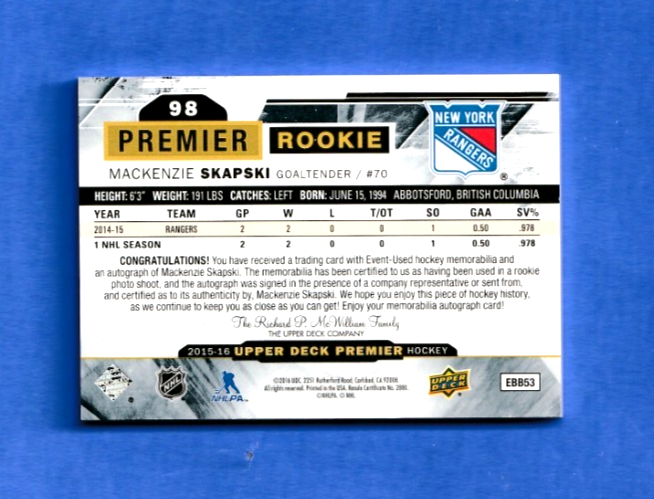 2014-15 Premier Rookie Mackenzie Skapski AUTO PATCH 3 Colors 156/375 Rangers