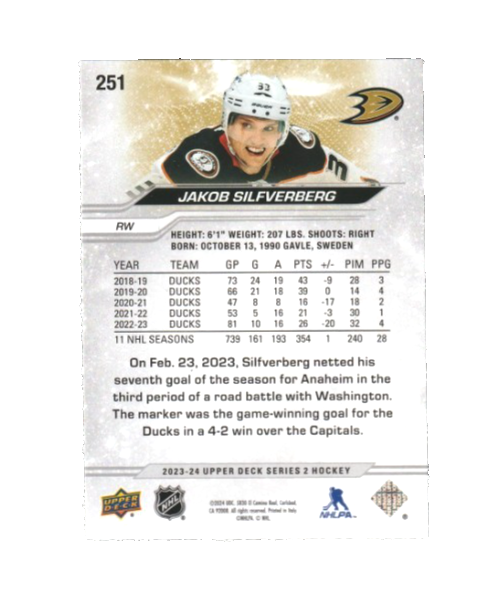 Jakob Silfverberg 2023-24 Upper Deck Series 2 Outburst Silver #251 Anaheim Ducks
