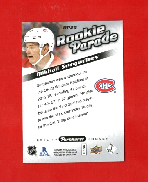 2016-17 Parkhurst Rookie Parade #RP29 Mikhail Sergachev534/999Montreal Canadiens