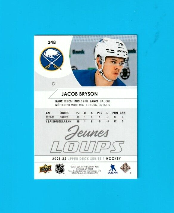 2021-22 Upper Deck Series 1 Jacob Bryson  Jeunes Loups #248 Young Guns  - Sabres