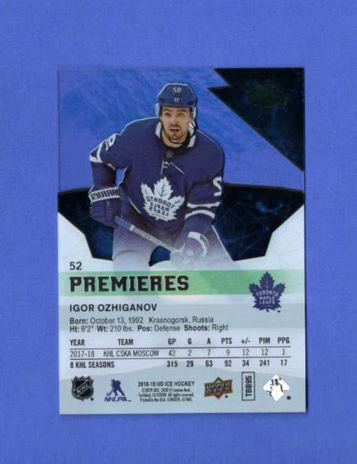 2018-19 Upper Deck Ice  #52 Igor Ozhiganov RC 1086/1299 Toronto Maple Leafs