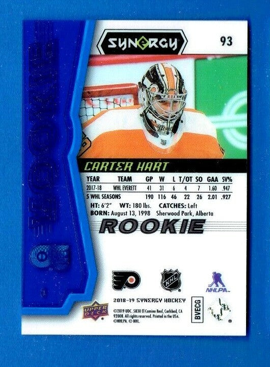 2018-19 UD Synergy Carter Hart Philadelphia Flyers Rookie Blue Parallel 209/399
