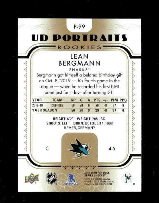 2019-20 Upper Deck Series 2 UD Portraits Rookie Gold 21/99 LEAN BERGMAN - Sharks
