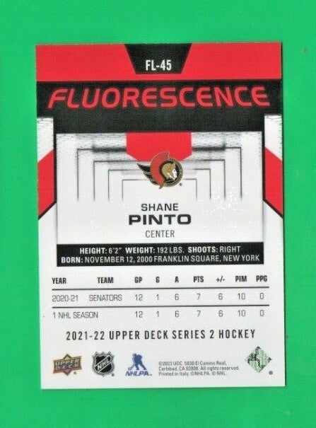 2021-22 UD Series 2 Hockey   Fluorescence RED  Shane Pinto  FL-45 Senators
