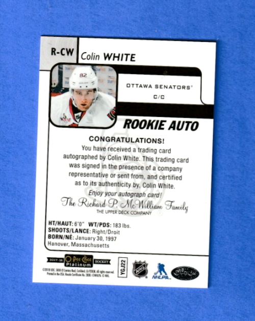 2017-18 O-Pee-Chee OPC Platinum  -  Colin White - Rookie Auto  - Ottawa Senators