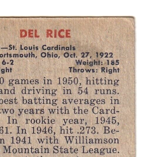 1951 Bowman  -  Del Rice   -  St. Louis Cardinals  #156   VG-EX.