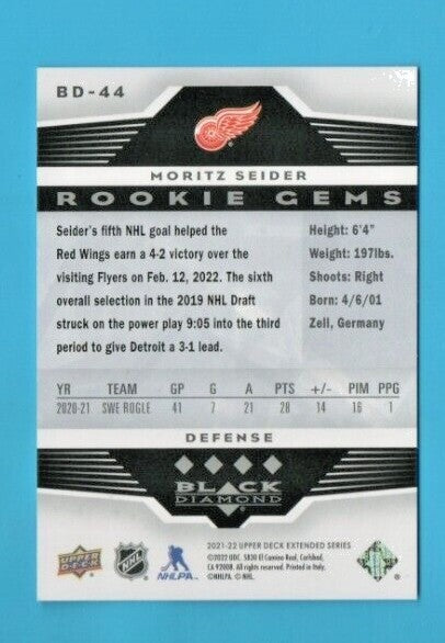 2021-22 UD Extended Moritz Seider Rookie Gems Black Diamond 4-Star BD-44