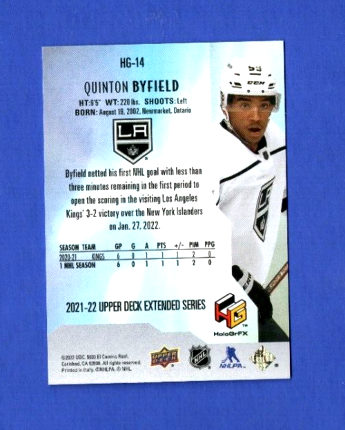 2021-22 Upper Deck Extended  HoloGrFx  -  Rookies -  GOLD Quinton Byfield  Kings