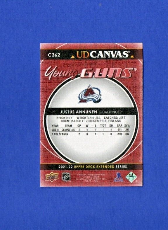 2021/22 Upper Deck Extended Young Guns Rookie Card Canvas Justus Annunen C-362