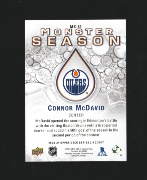 2023-24 UD Monster Season - CONNOR McDAVID - Edmonton Oilers - Card# MS-61