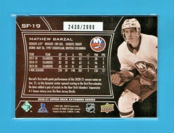 2020-21 UD Extended MATHEW BARZAL 2430/2999 SPX Finite #SF-19  -  N.Y. Islanders
