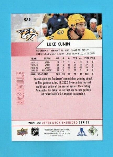  Luke Kunin 2021-22 Upper Deck Extended #589 Exclusives  068/100 - Nashville
