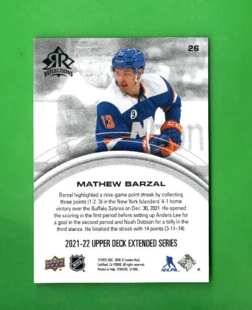 2021-22 Upper Deck Extended #26   MATHEW BARZAL  Teal  Reflections   SP #051/100