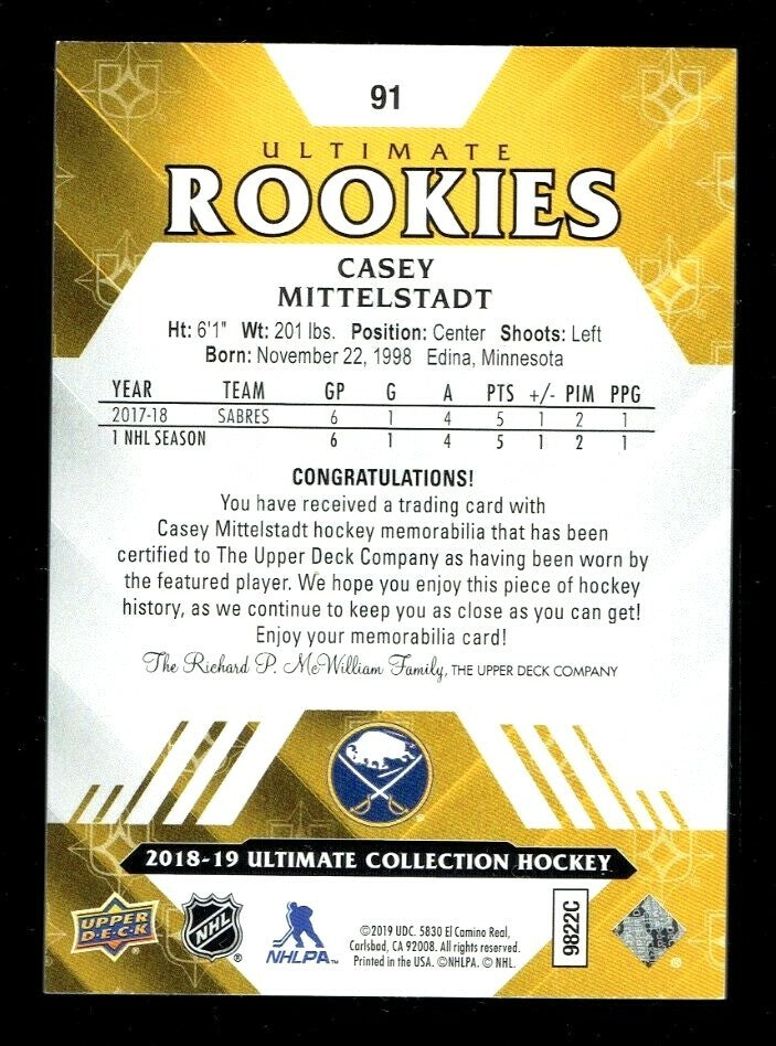 2018-19 UD ULTIMATE COLLECTION ROOKIE #91 CASEY MITTELSTADT JERSEY 380/399