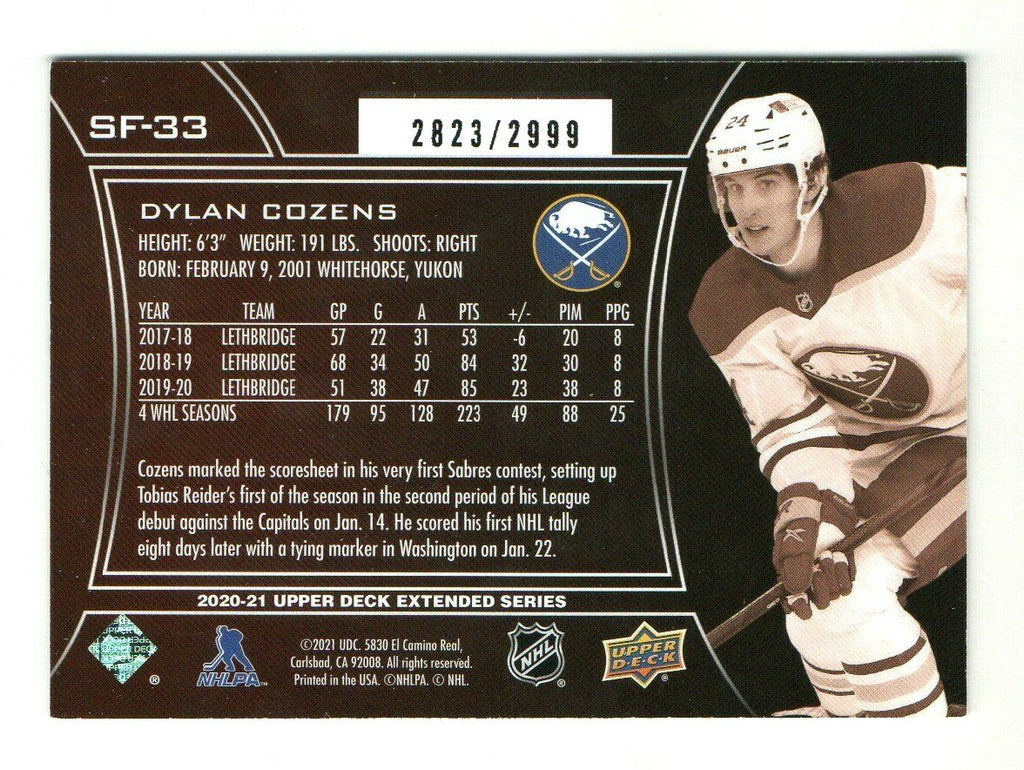 2020-21 UD EXTENDED #SF-33 -  DYLAN COZENS  - SPx FINITE ROOKIE 2823/2999 Sabres