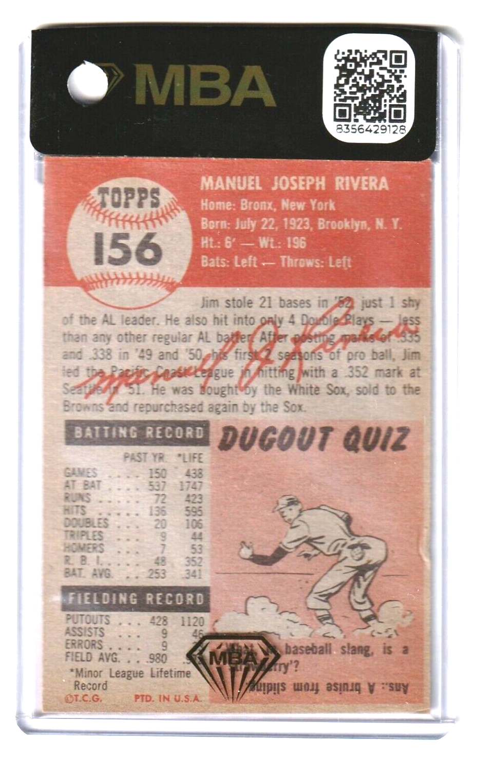 1953 Topps     -    Jim Rivera  #156   -   MBA AUTHENTIC   -   Chicago White Sox
