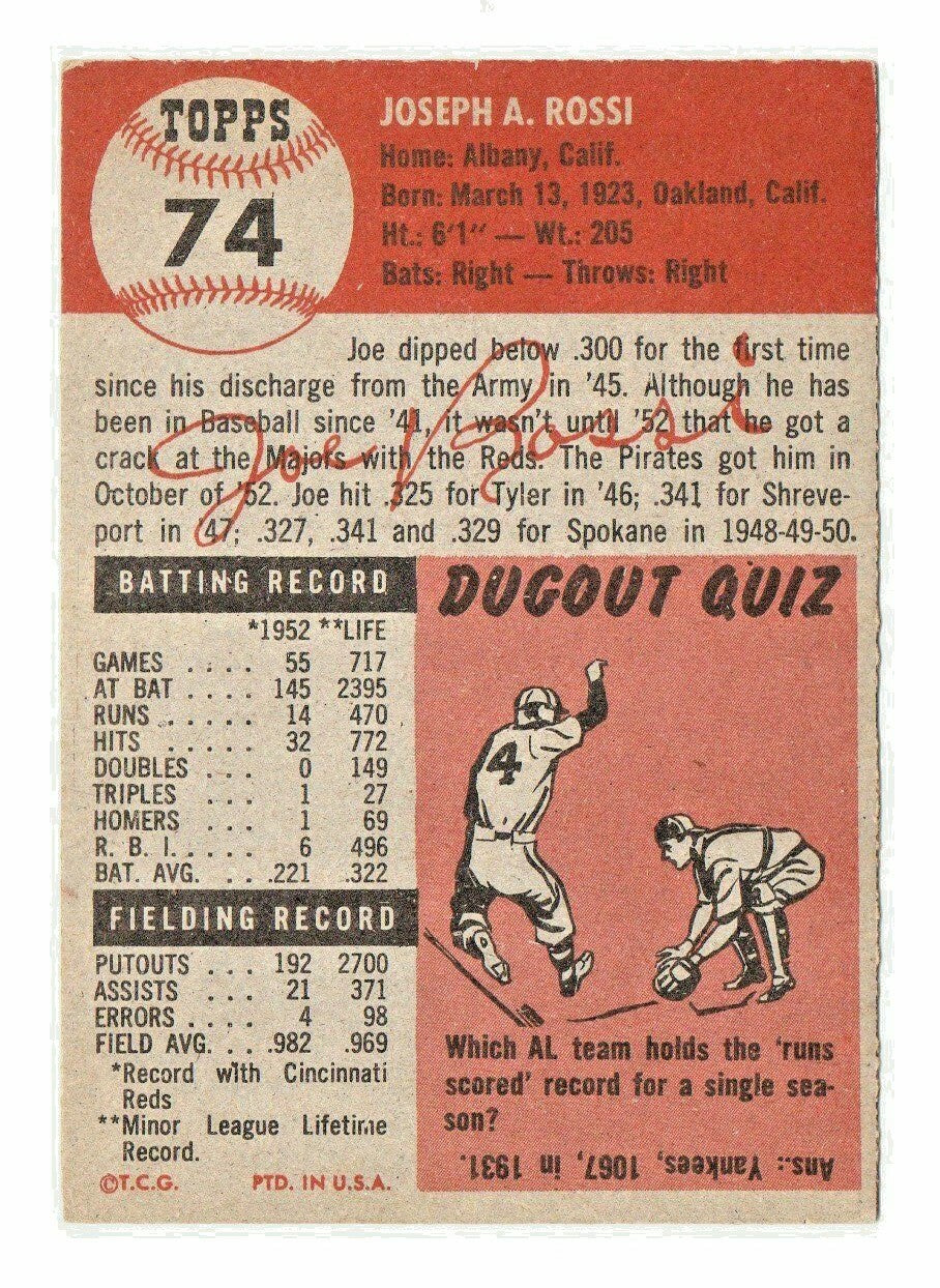 1953 TOPPS # 74 JOE ROSSI  --  PITTSBURGH PIRATES  Catcher  --  VG-EX 