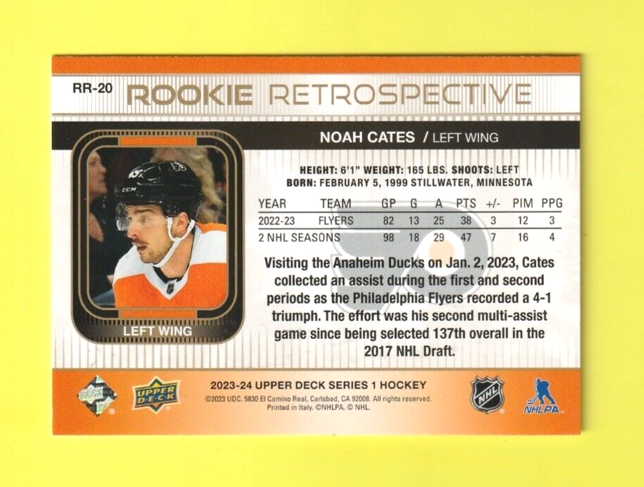 2023-24 Upper Deck Series 1 Rookie Retrospective   GOLD  -  Noah Cates  -  RR-20