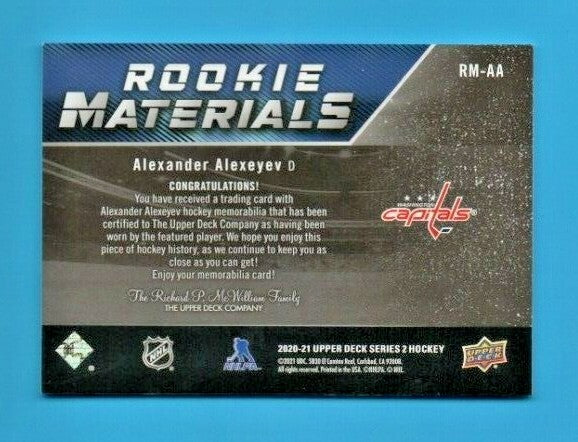 2020-21 Upper Deck series 2 Rookie Materials RM-AA  - Alexander Alexeyev  Caps