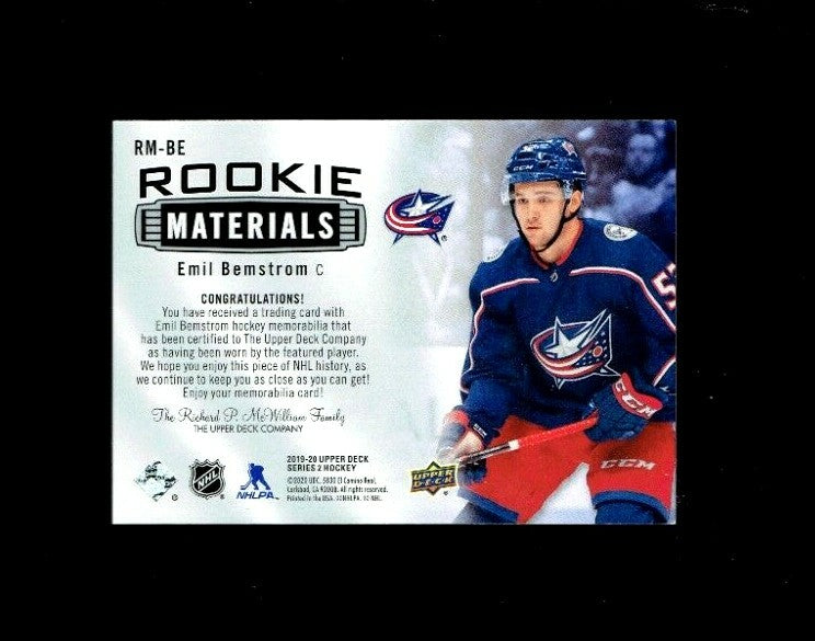 2019-20 UD Series 2 Rookie Materials #RM-BE Emil Bemstrom-Columbus Blue Jackets 