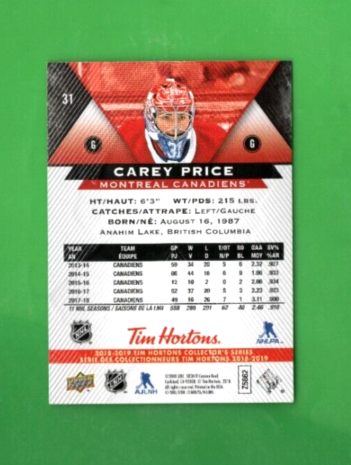 2018-19 Upper Deck  -  Tim Hortons  -  Carey Price   -  Montreal Canadiens #31