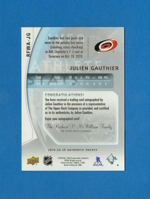 2019-20 sp authentic Retro Future Watch Auto Julien Gauthier 085/399 RFWA-JG