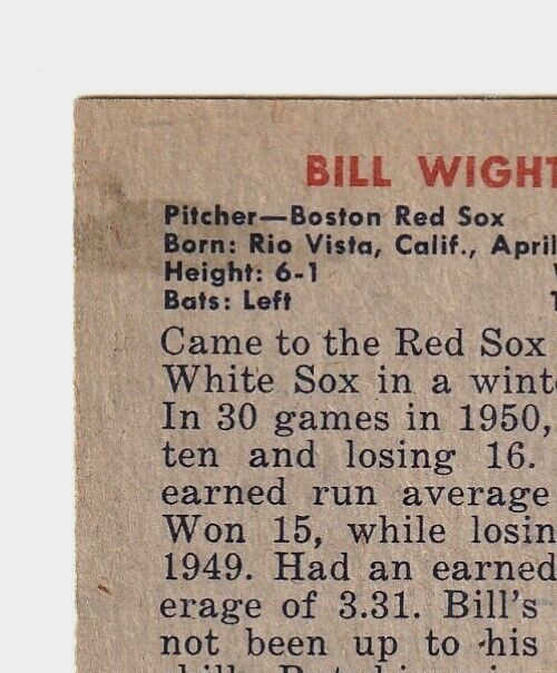 1951 Bowman #164  -  Bill Wight  -  Pitcher  -  Boston Red Sox  EX-NRMT