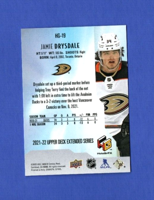 2021-22 Upper Deck Extended  HoloGrFX Rookies  - Jamie Drysdale  -  Stars Rookie