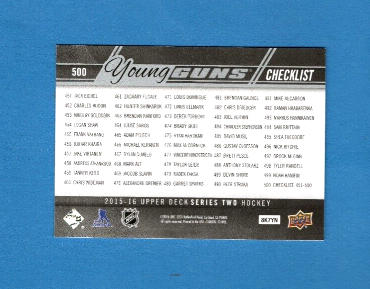 Jack Eichel - Zachary Fucale 2015/16 Upper Deck #500 Young Guns Rookie Checklist