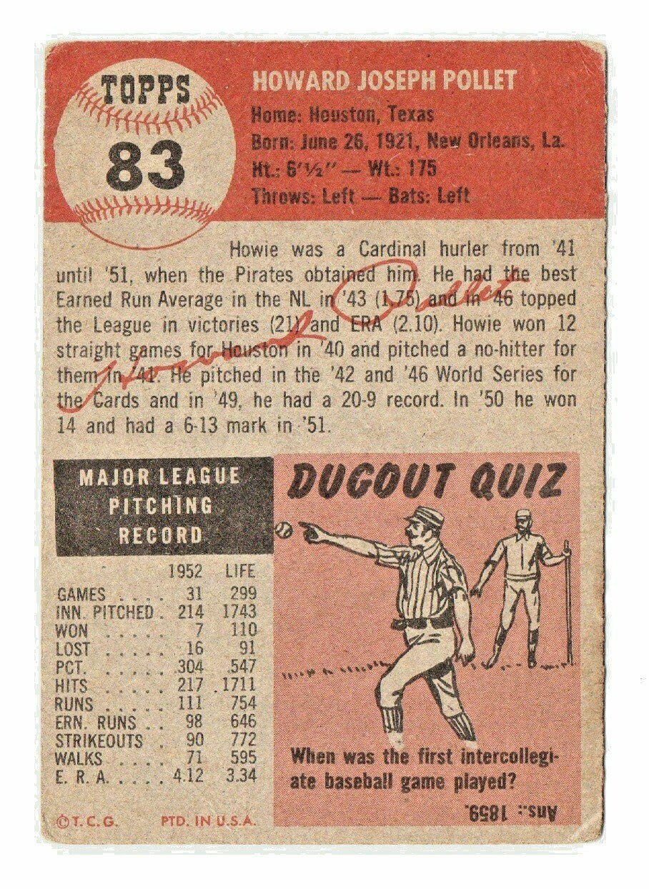 1953 Topps #83 Howie Pollet - Pittsburgh Pirates - pitcher -- GOOD