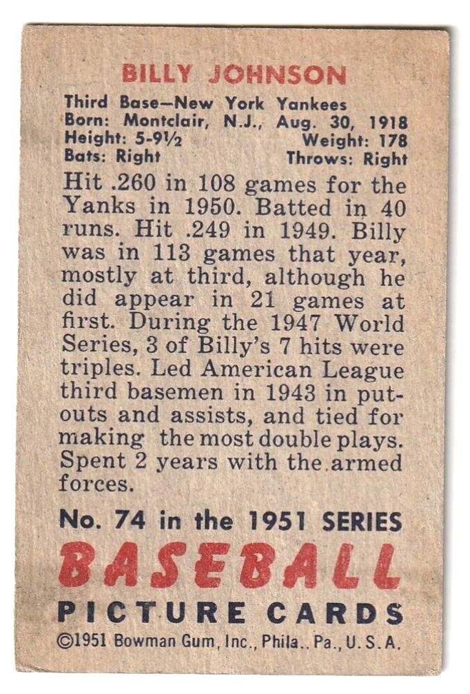 1951 Bowman  -  Billy Johnson   -  New York Yankees  #74   VG-VG+
