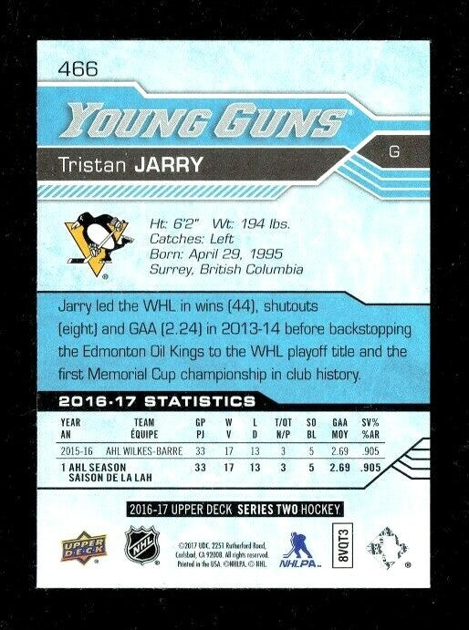 ** Rookie ** 2016-17 Upper Deck Young Guns Pittsburgh Penguins Tristan Jarry 