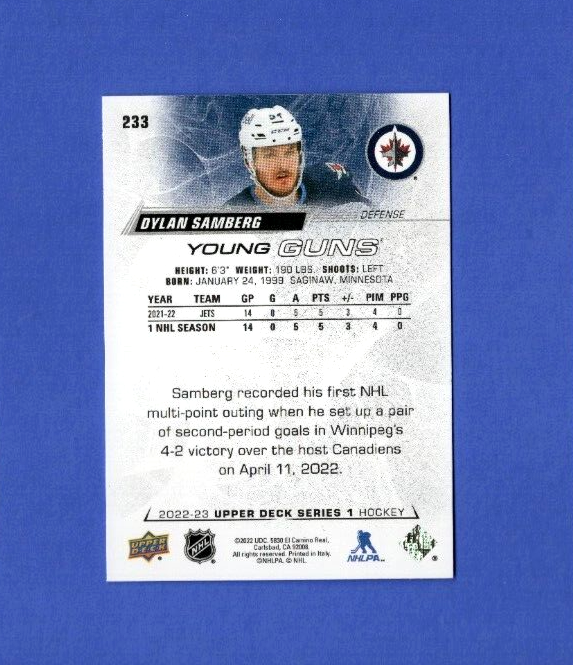 2022/23 Upper Deck Series 1 Young Guns Rookie Card Dylan Samberg #233 - Winnipeg