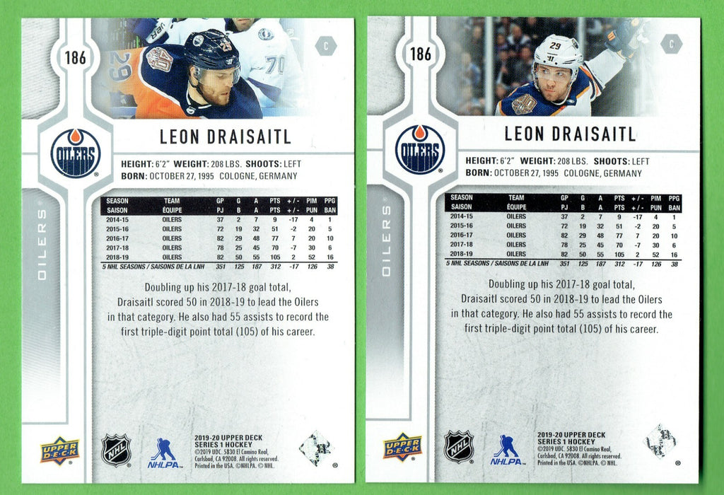 2019-20 UD Series 1 Leon Draisaitl Base Card VARIATION SP #186 Edmonton Oilers 