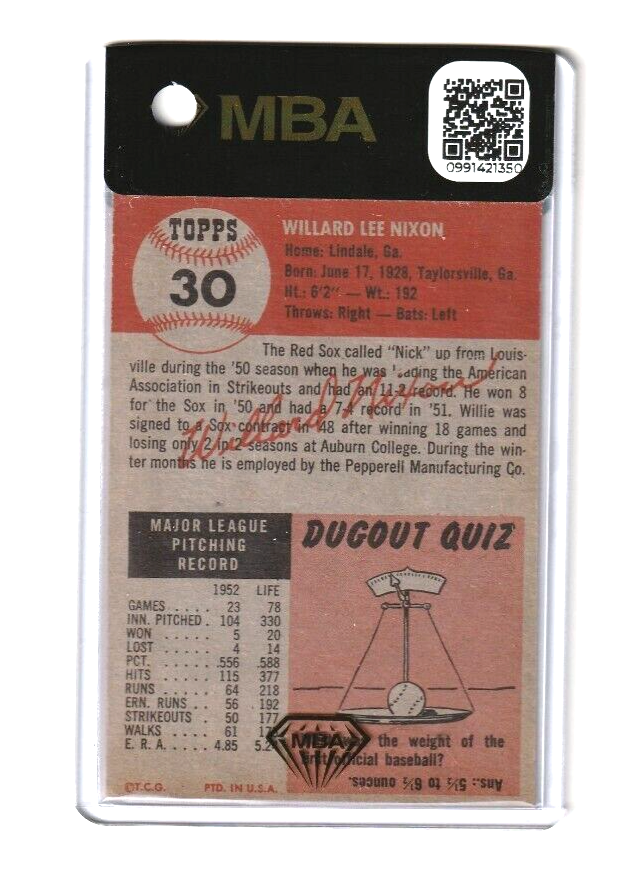 1953 Topps  -  Willard Nixon  - SHORT PRINT #30 - MBA AUTHENTIC - Boston Red Sox