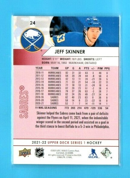 2021-22 Upper Deck Series 1 UD Exclusives Jeff Skinner 077/100 Buffalo Sabres