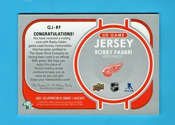2021-22 Upper Deck Game Jersey #GJ-RF - Robby Fabbri  - Detroit Red Wings  - Red