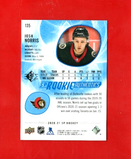 2020-21 SP HOCKEY #135 JOSH NORRIS SP BLUE ROOKIE AUTHENTICS NHL OTTAWA ROOKIE