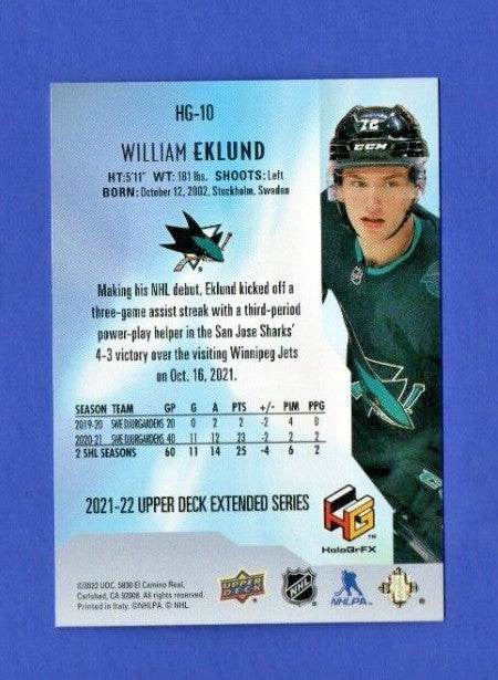 2021-22 Upper Deck Extended Series Hologrfx GOLD HG-10 William Eklund -  Sharks