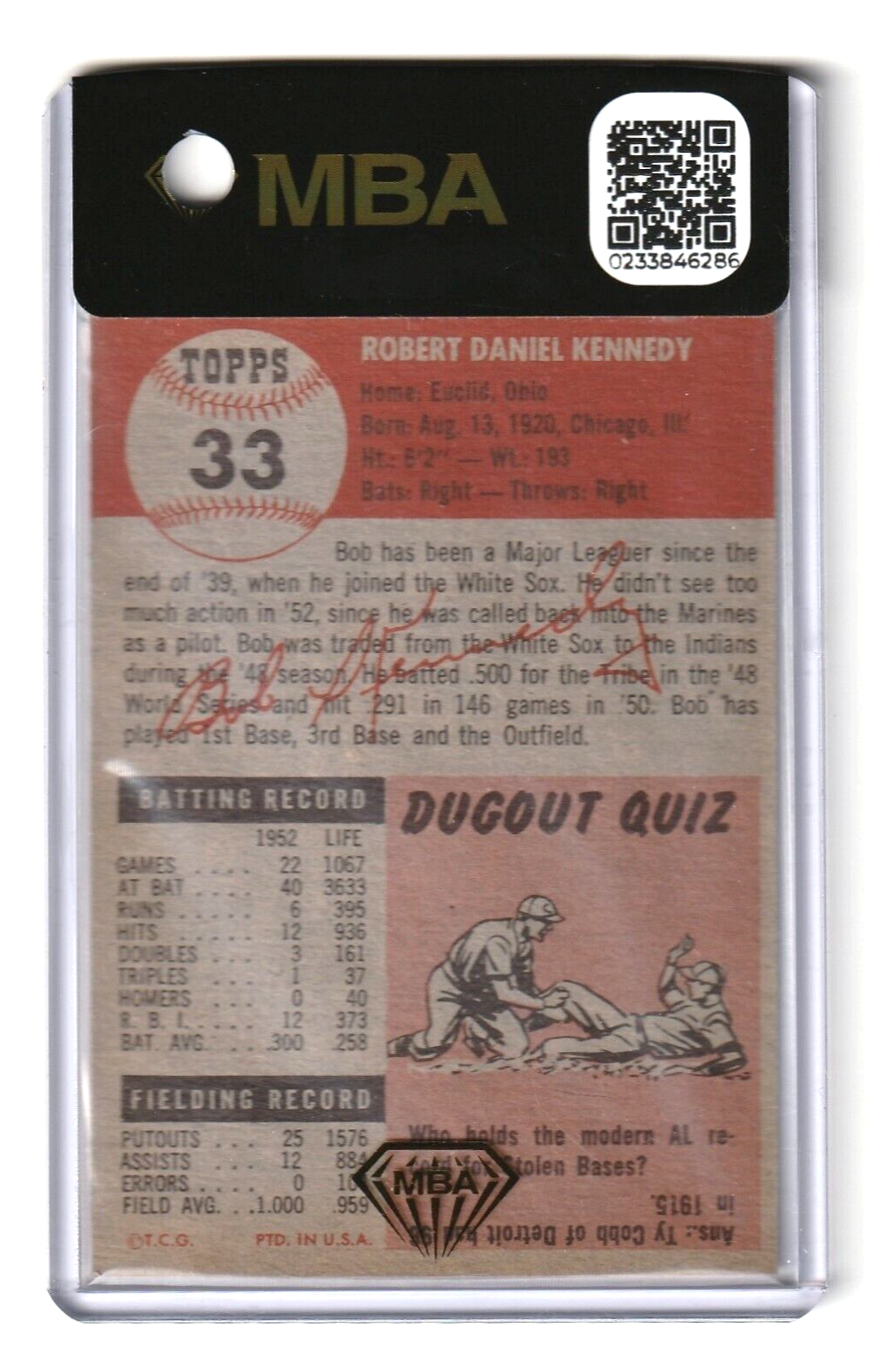 1953 Topps  -  Bob Kennedy  #33  -  MBA AUTHENTIC   -   Cleveland Indians