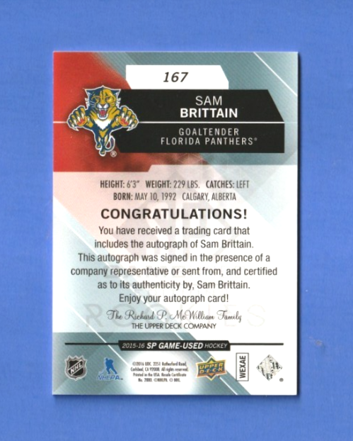 2015-16 SP Game Used  Rookie Auto #167  -  Sam Brittain  - RC - Florida Panthers