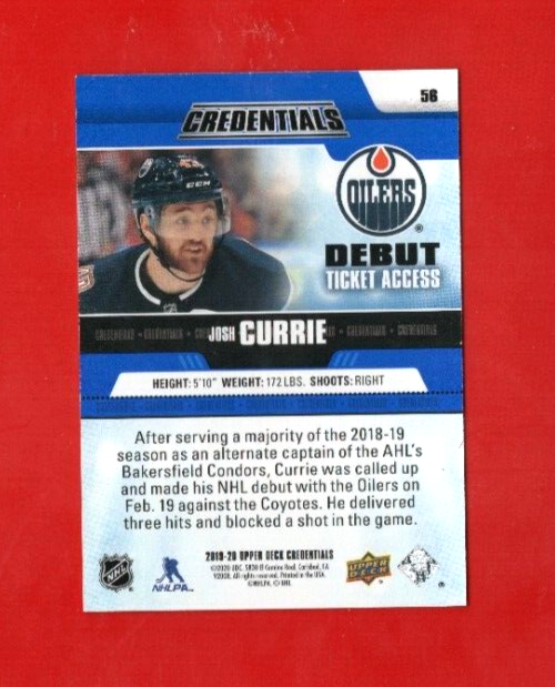 2019-20 Upper Deck Credentials #56 JOSH CURRIE RC Rookie 620/999 Edmonton Oilers