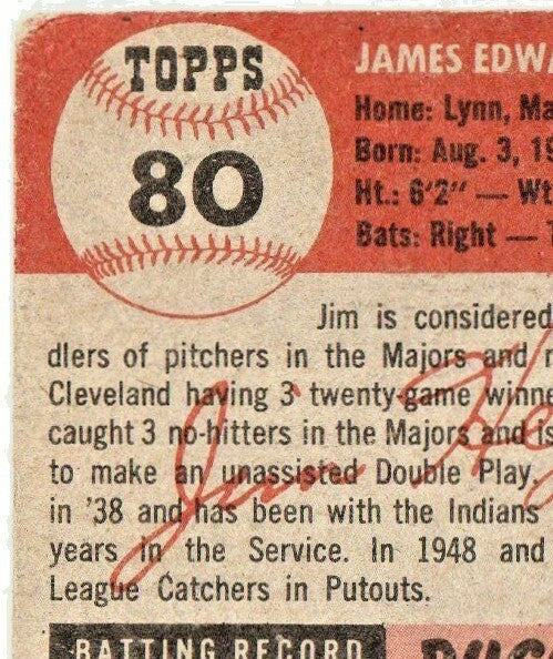 1953 TOPPS #80  --  JIM HEGAN  --  CLEVELAND INDIANS Catcher  -- GOOD