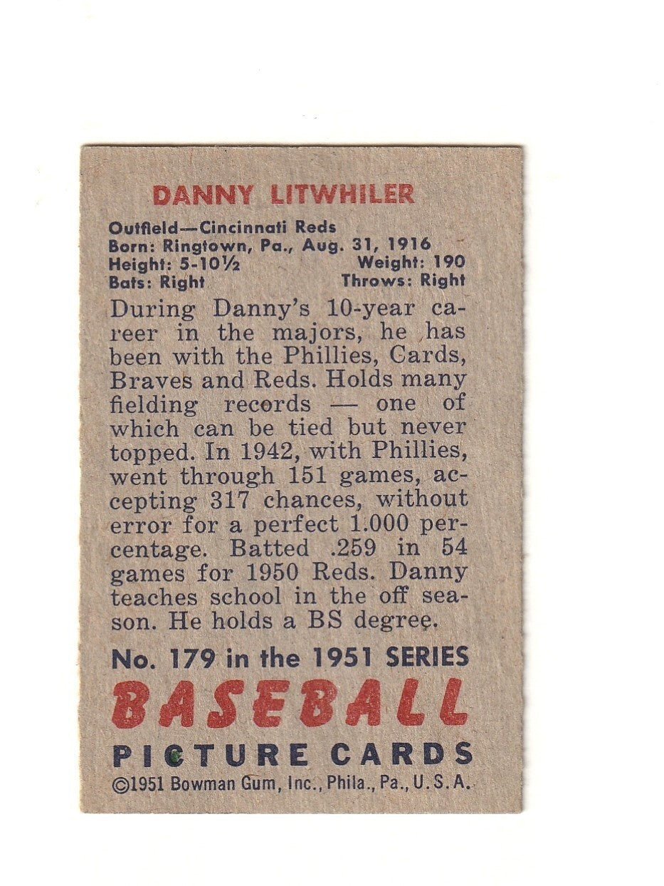 1951 Bowman  -  Danny Litwhiler -  Cincinnati Reds #179    EX-NRMT