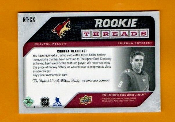 2021-22 Upper Deck Series 2 CLAYTON KELLER Rookie Threads Maroon  Jersey  RT-CK 
