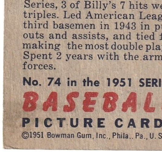1951 Bowman  -  Billy Johnson   -  New York Yankees  #74   VG-VG+