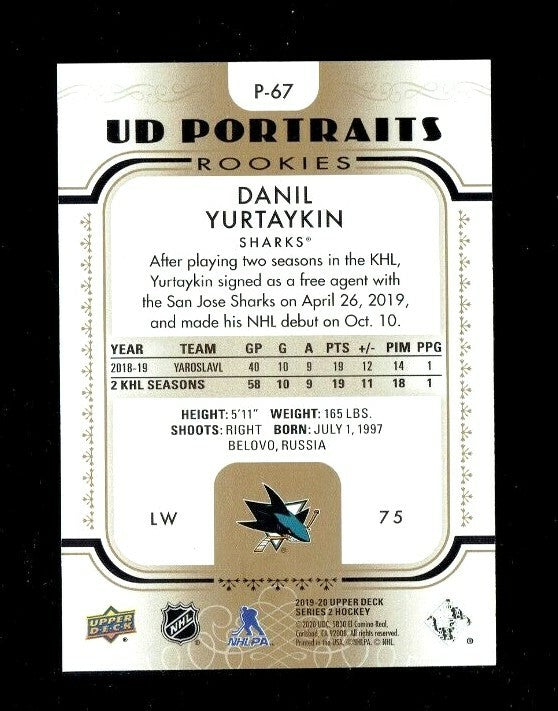 2019-20 Upper Deck Series 1 UD Portraits Rookie Gold 51/99 DANIL YURTAYKIN Shark
