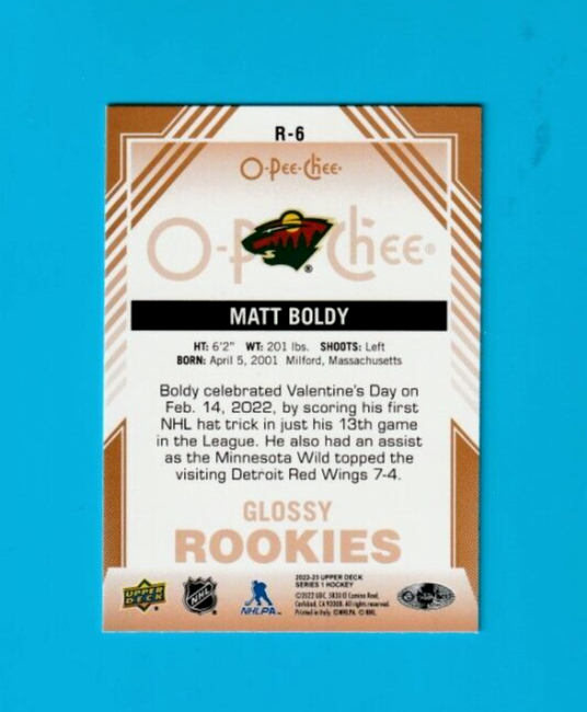 2022-23 Matt Boldy NHL Upper Deck O-Pee-Chee Glossy Rookies GOLD #R-6  Minnesota