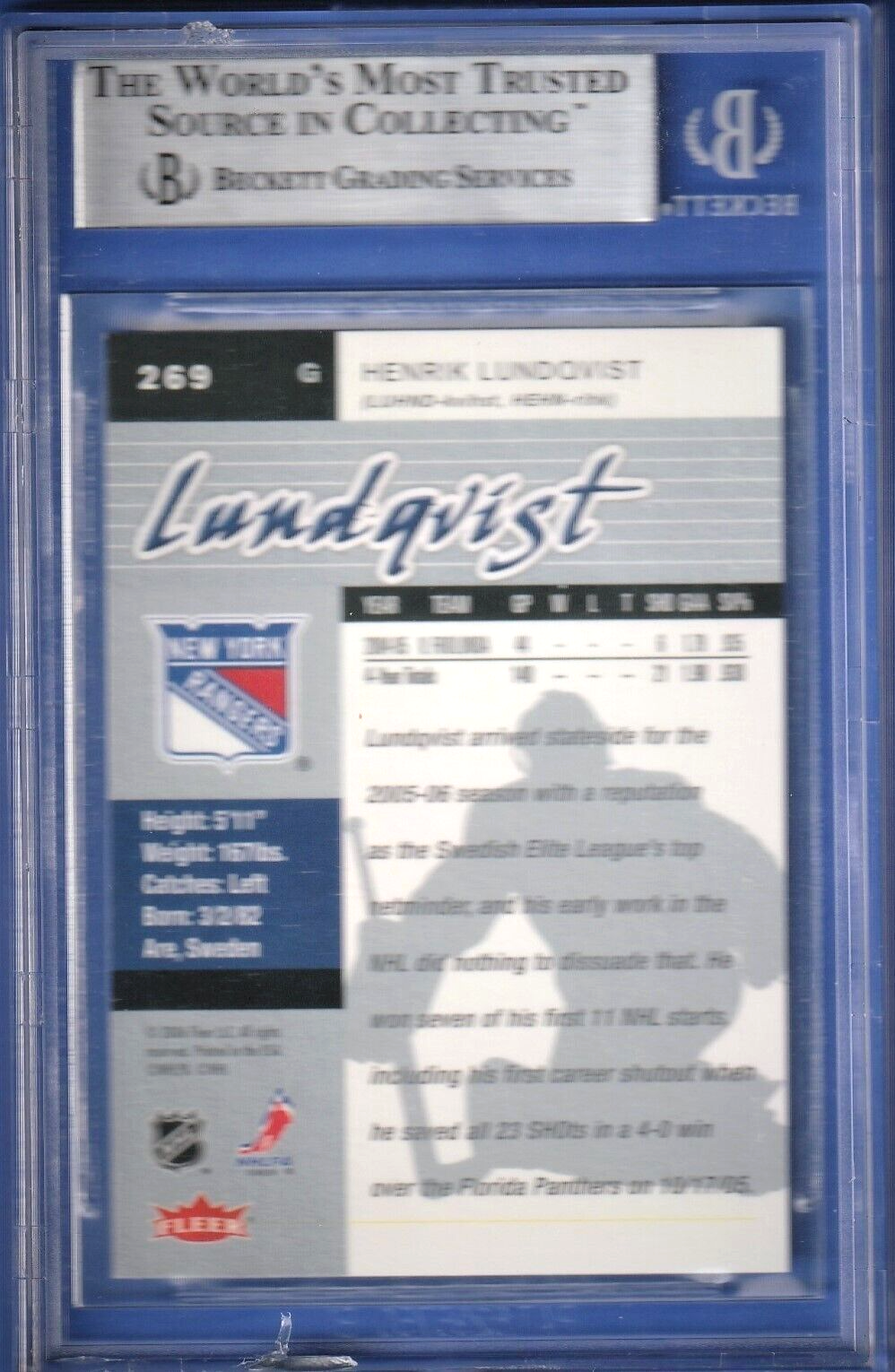 2005 Ultra Hockey  -  Henrik Lundqvist  -  ROOKIE #269 BGS 9 MINT - N.Y. Rangers