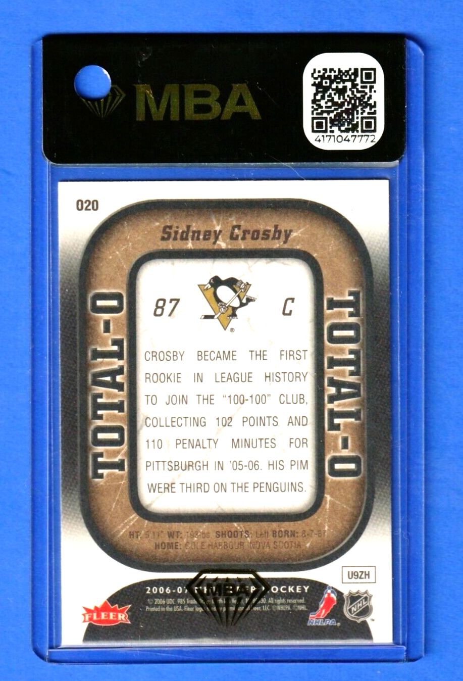 2006 Fleer Total O  -  Sidney Crosby #O20  - MBA AUTHENTIC - Pittsburgh Penguins